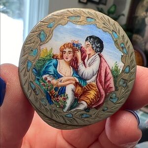 Antique Italian Engraved 800 Silver Hand Painted Enamel Pill Box Courting Couple